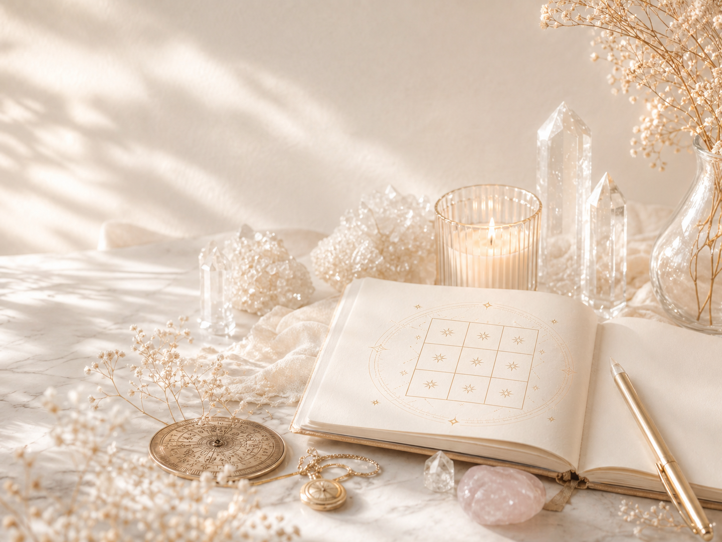 九星術講座のイメージ。九つの星を思わせる格子図のノート、キャンドル、クリスタル