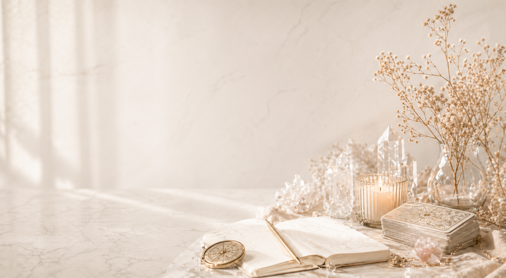 占術講座のイメージ。ノート、カード、キャンドル、クリスタルが並ぶ学びの静物写真