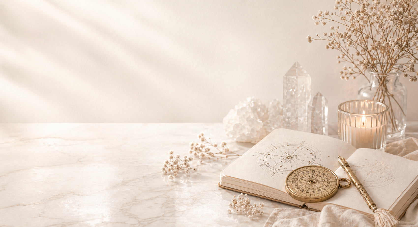 六壬講座のイメージ。式盤風の円盤とノート、キャンドル、クリスタル