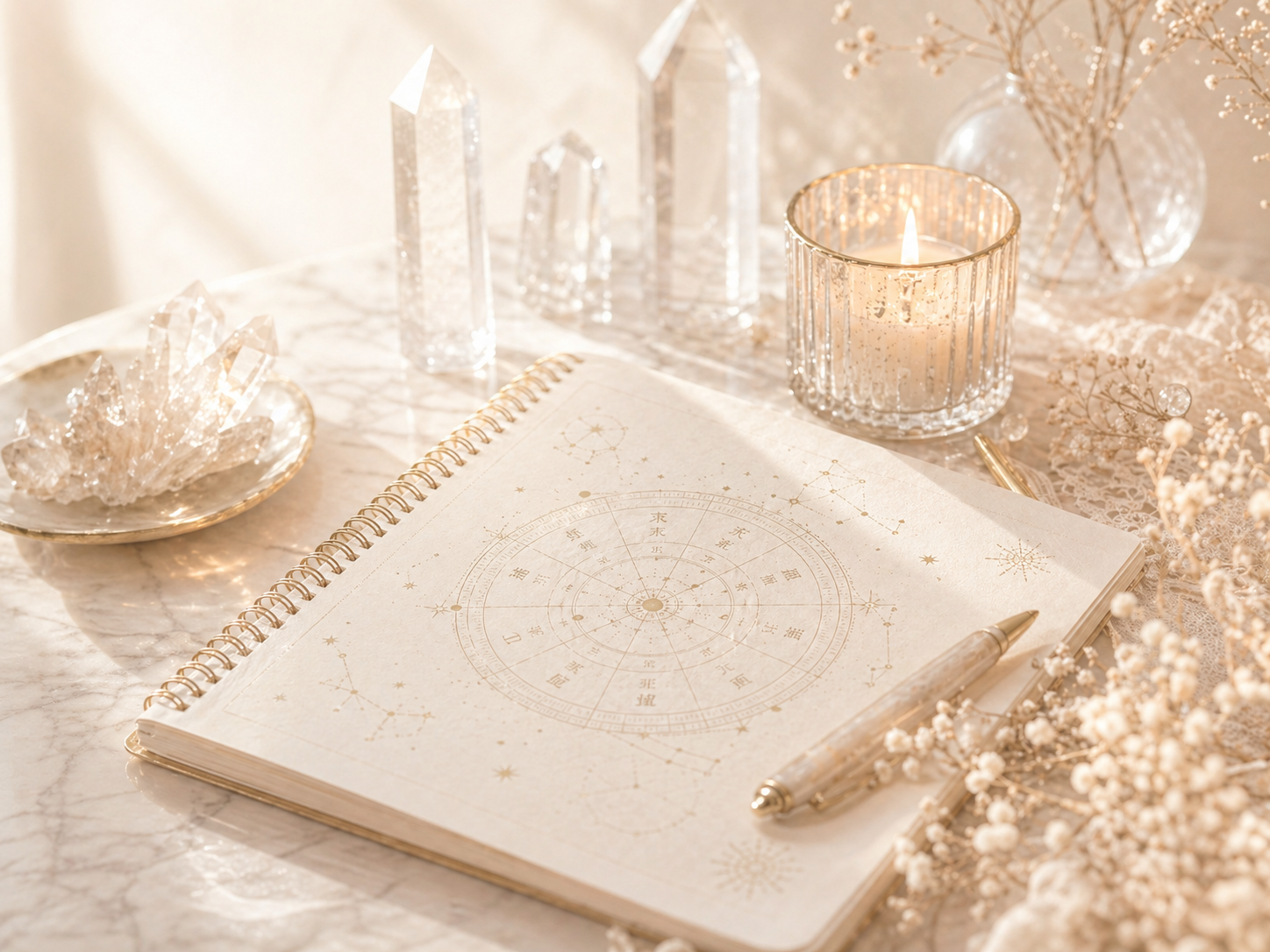 紫微斗数講座のイメージ。星図のノート、キャンドル、クリスタル、花の静物写真