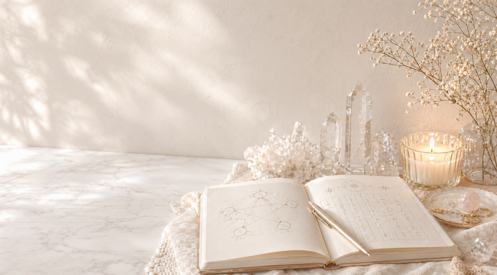 四柱推命講座のイメージ。五行図のノート、キャンドル、クリスタル