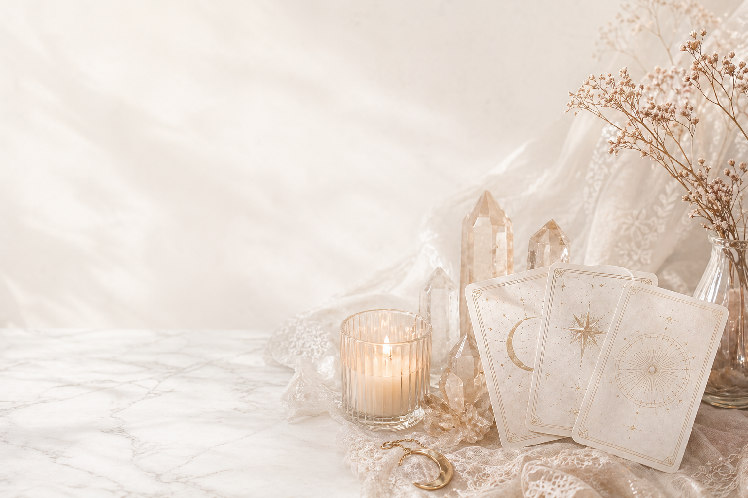 タロット講座のイメージ。カード、キャンドル、レース、クリスタル