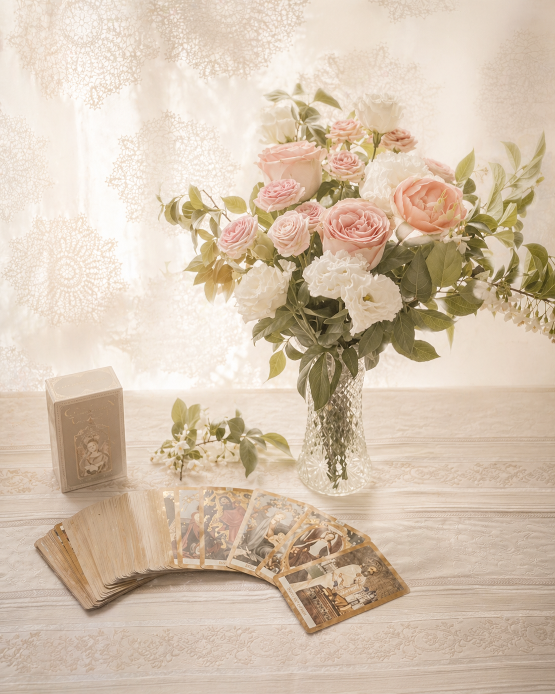 花とタロットカードの柔らかなイメージ写真